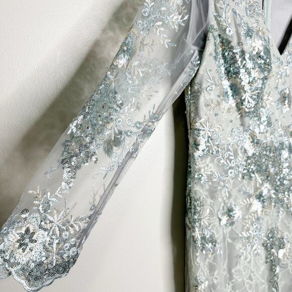 Mac Duggal 67539 Sea Mist Embellished Illusion V Neck Long Sleeve Gown 14 $698 - Picture 6 of 10